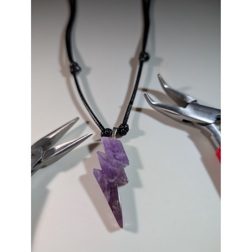 Amethyst Lightning Bolt Pendant Necklace Black Cord Adjustable 14-27in